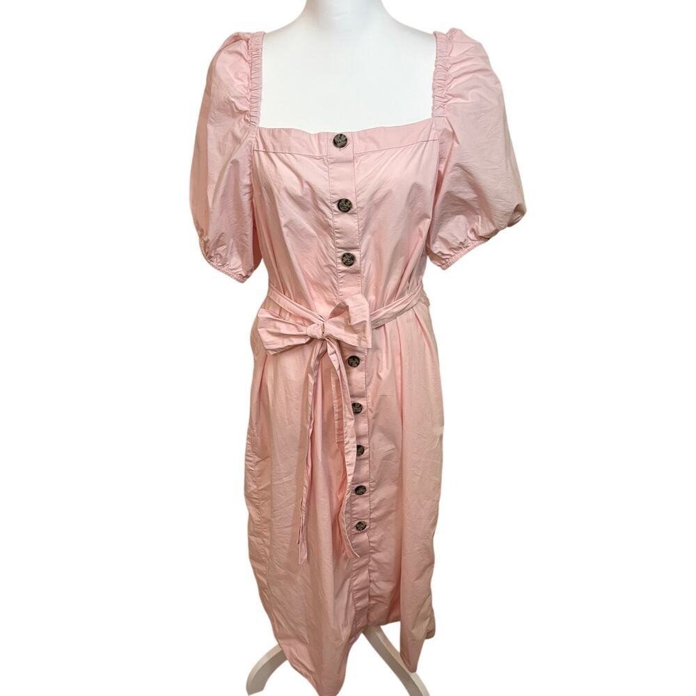 J.Crew Pink Cotton Midi Dress L Puff Sleeve Square Neck Button Front Cottagecore - Picture 6 of 16